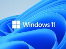 Logo Windows 11 na tle z błękitnym wzorem 3D o falowanym kształcie